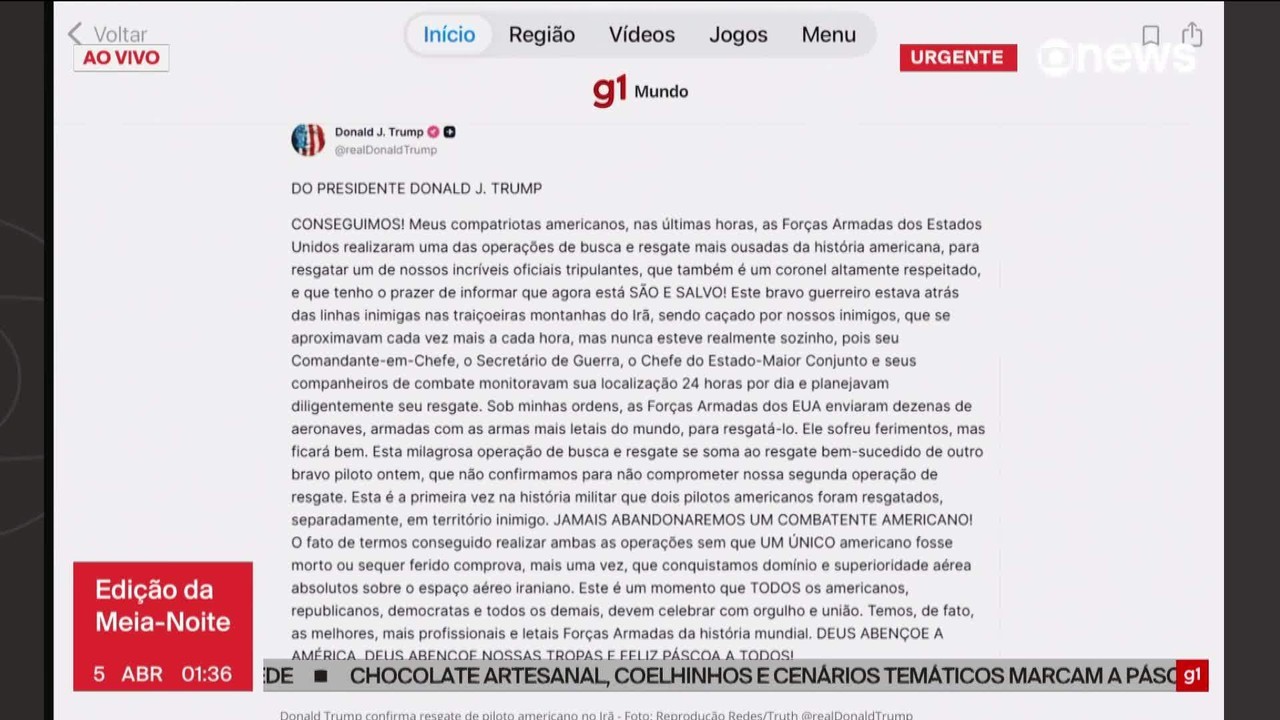 Trump diz que Irã 'teve sorte' ao abater F-15 e que temeu armadilha em resgate a piloto